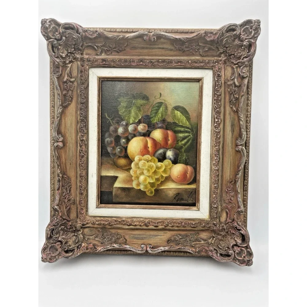 Vintage Still Life Fruit Oil‎ on Canvas Ornate Baroque Frame Signed 14 x 16